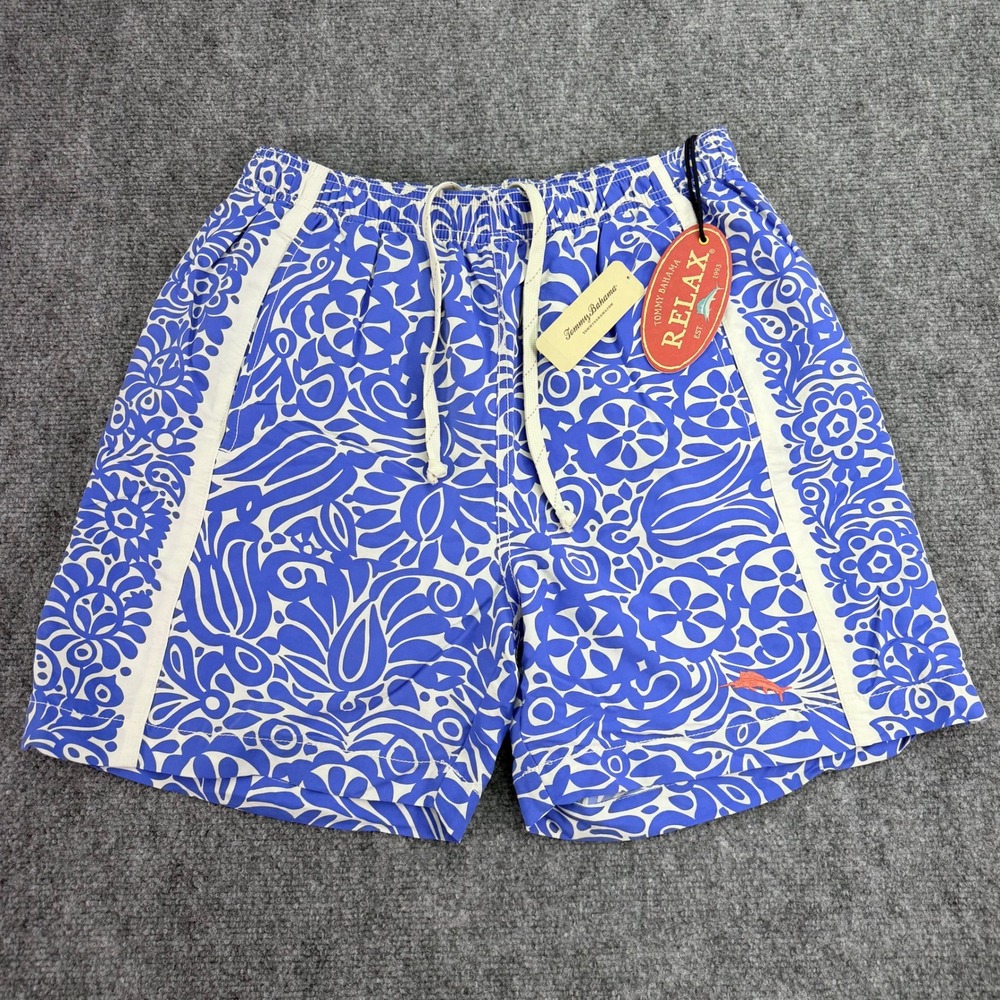 Tommy Bahama Relax Swim Trunks Mens Small Blue White Roulette Floral Nylon NWT